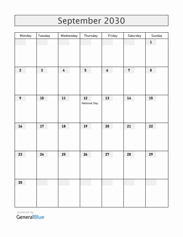 Cabo Verde September 2030 Calendar with Holidays