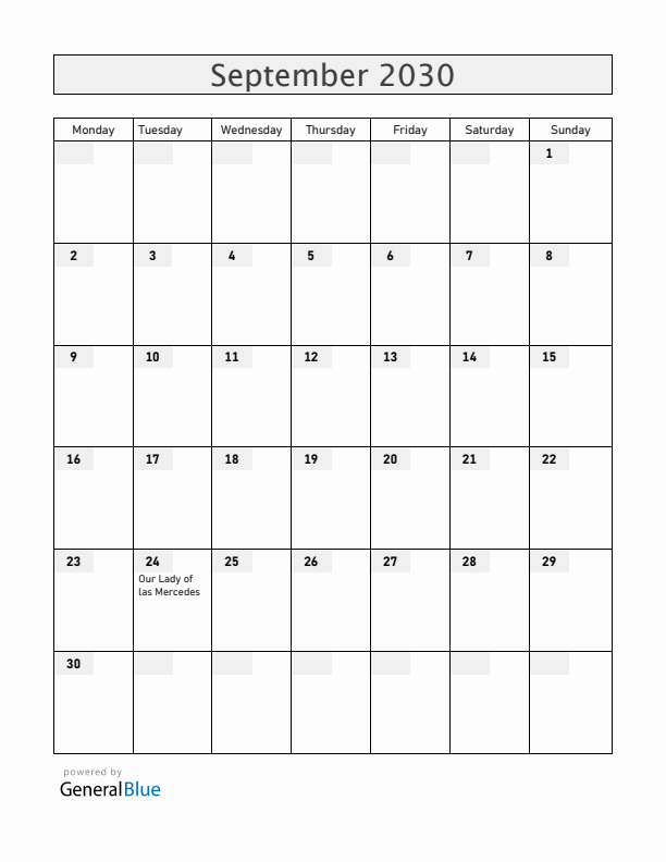 Dominican Republic September 2030 Calendar with Holidays