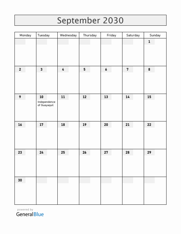 Ecuador September 2030 Calendar with Holidays