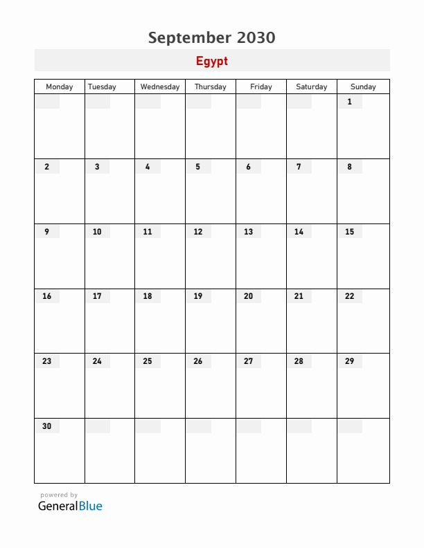 Egypt September 2030 Calendar with Holidays