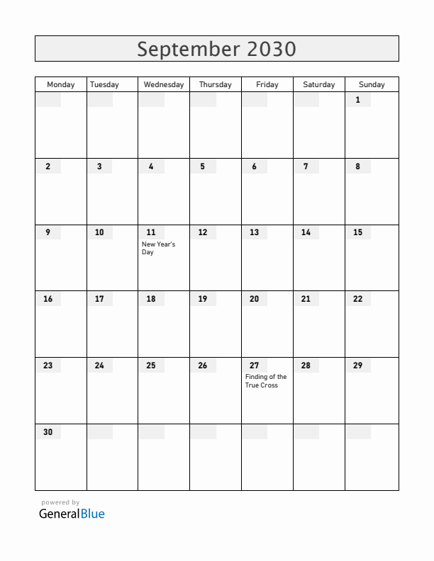 Ethiopia September 2030 Calendar with Holidays