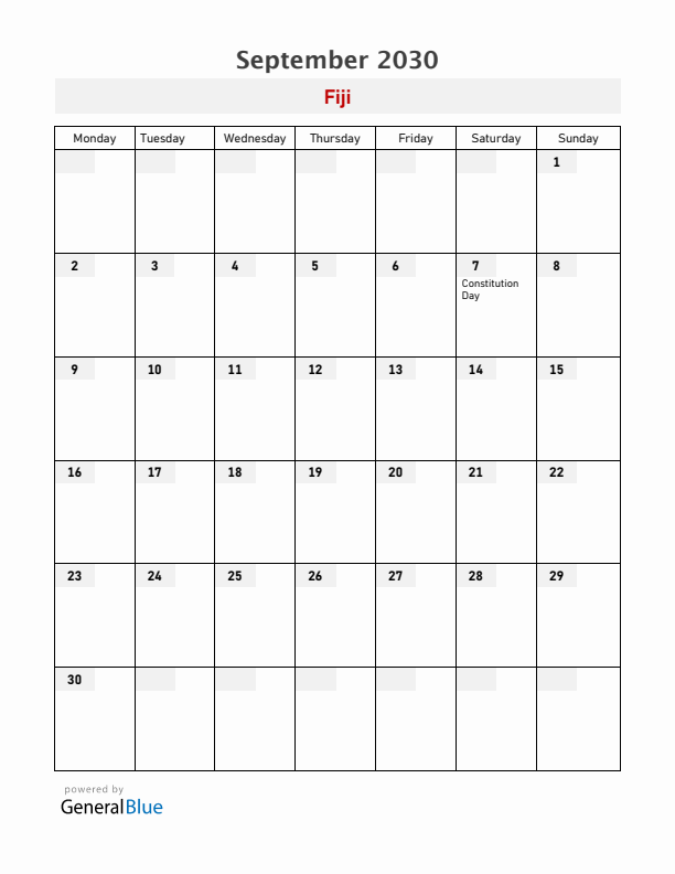 Fiji September 2030 Calendar with Holidays