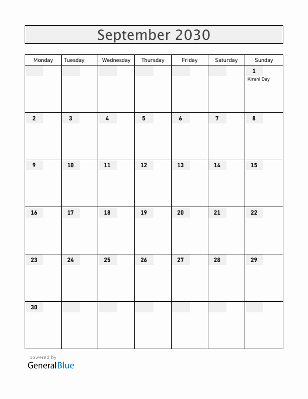 Grenada September 2030 Calendar with Holidays