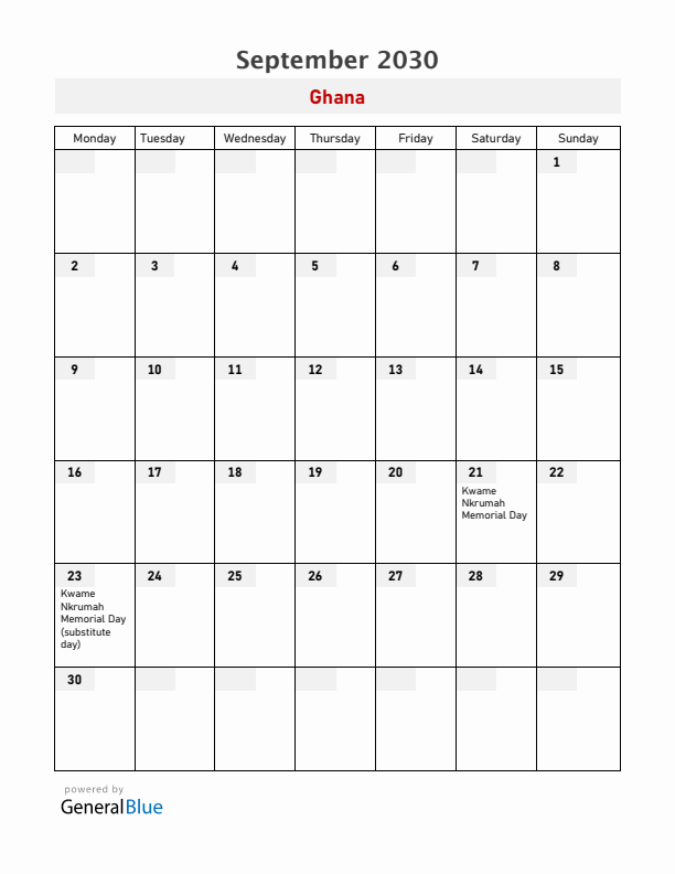 Ghana September 2030 Calendar with Holidays