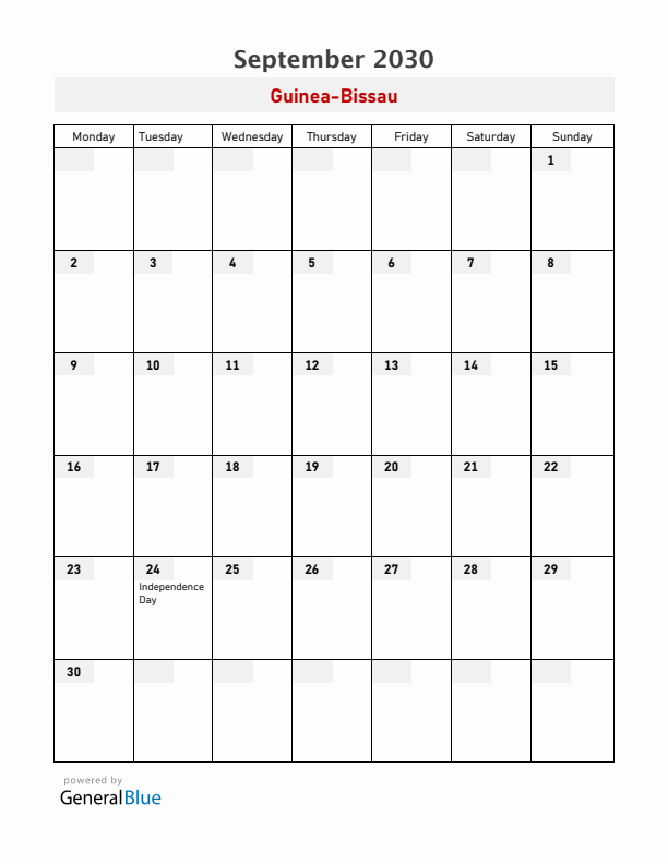 Guinea-Bissau September 2030 Calendar with Holidays
