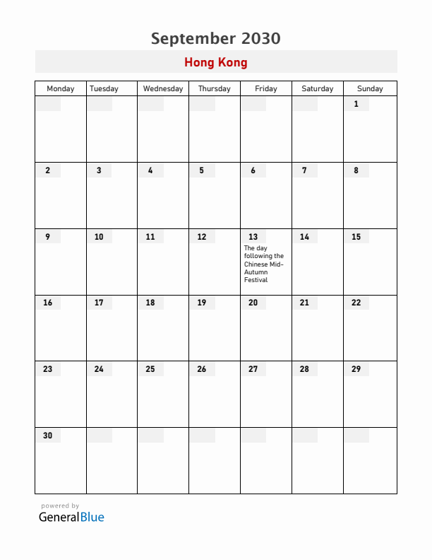 Hong Kong September 2030 Calendar with Holidays