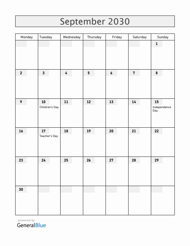 Honduras September 2030 Calendar with Holidays