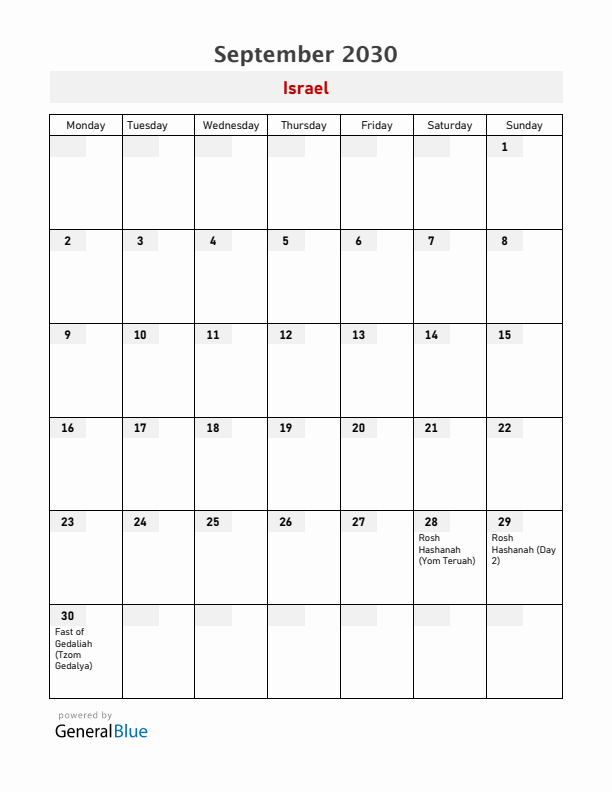 Israel September 2030 Calendar with Holidays