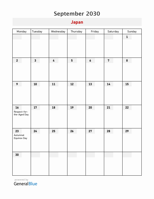 Japan September 2030 Calendar with Holidays
