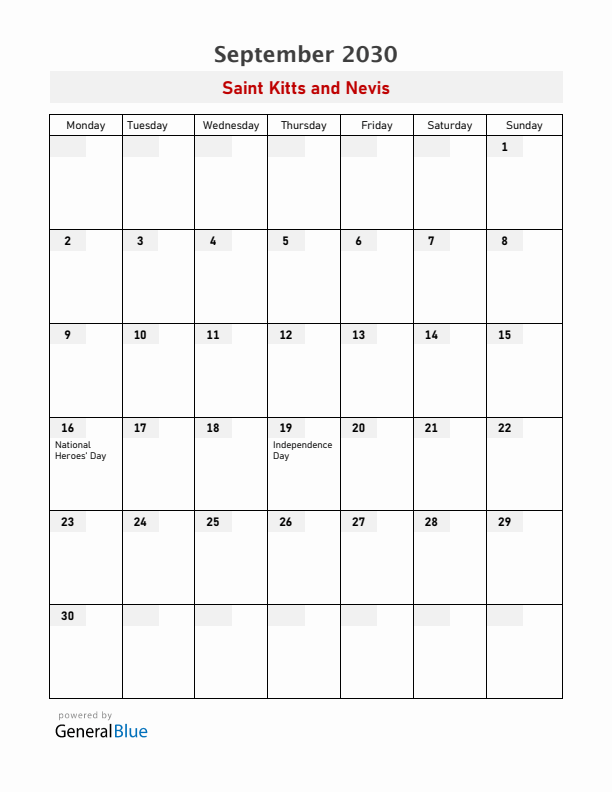 Saint Kitts and Nevis September 2030 Calendar with Holidays