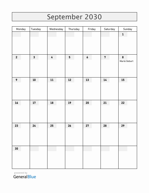 Liechtenstein September 2030 Calendar with Holidays