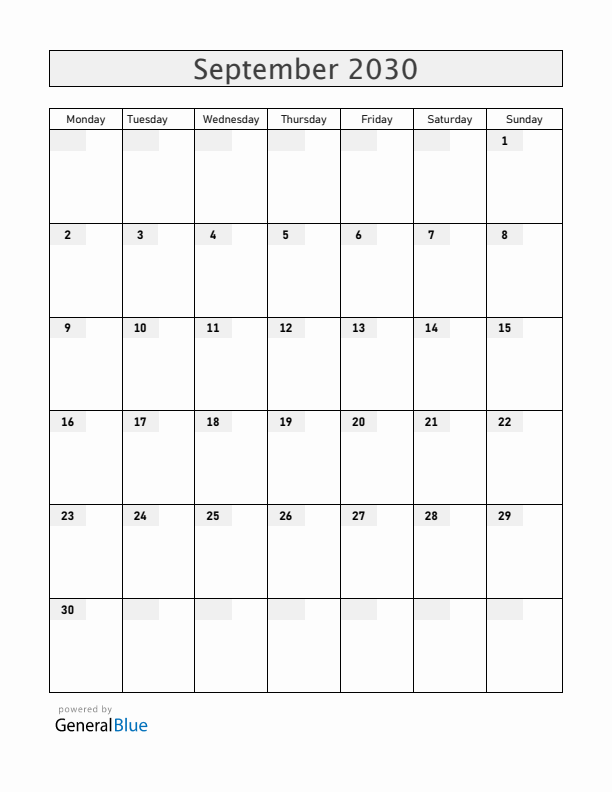 Luxembourg September 2030 Calendar with Holidays