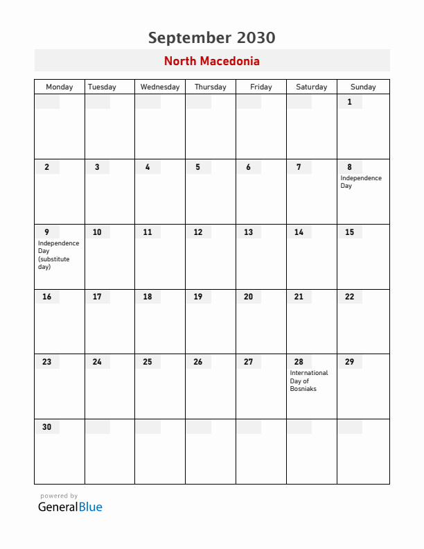 North Macedonia September 2030 Calendar with Holidays