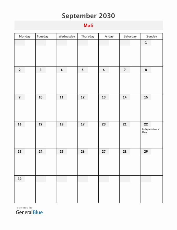 Mali September 2030 Calendar with Holidays