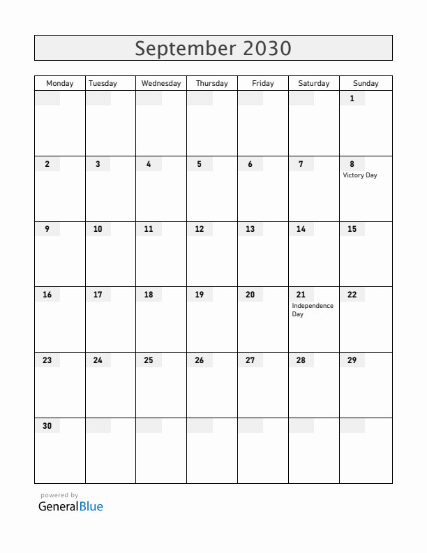 Malta September 2030 Calendar with Holidays