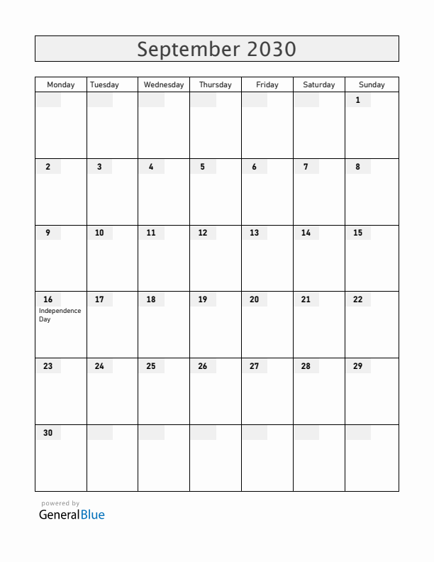 Mexico September 2030 Calendar with Holidays