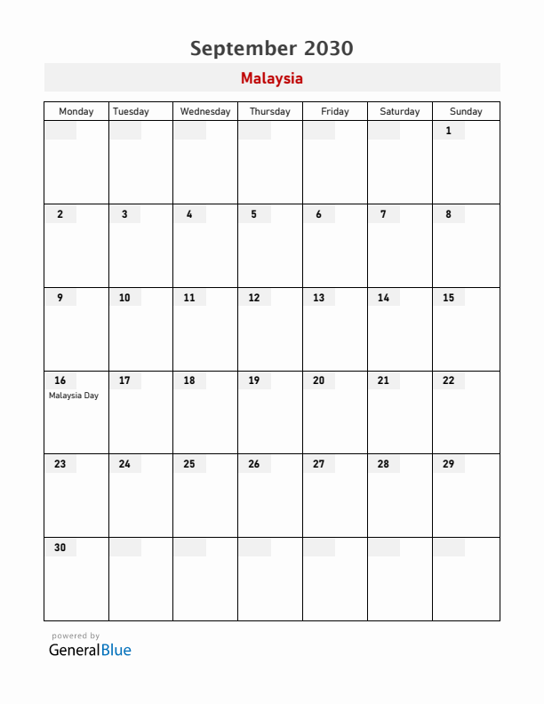 Malaysia September 2030 Calendar with Holidays