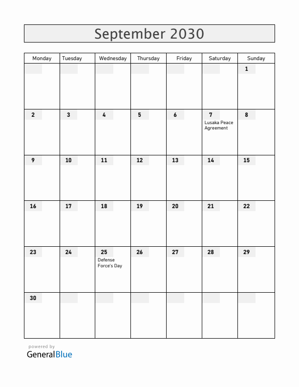 Mozambique September 2030 Calendar with Holidays