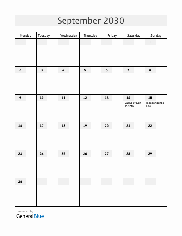 Nicaragua September 2030 Calendar with Holidays