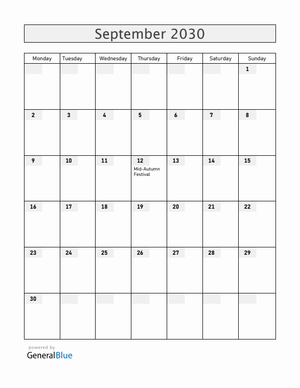 Philippines September 2030 Calendar with Holidays