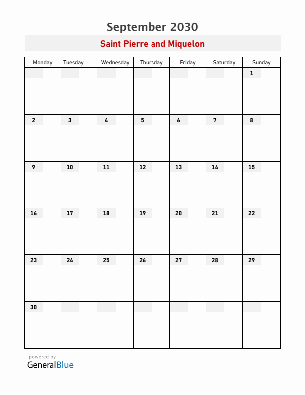 Saint Pierre and Miquelon September 2030 Calendar with Holidays