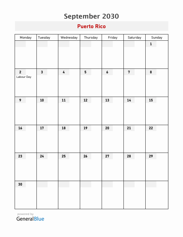 Puerto Rico September 2030 Calendar with Holidays