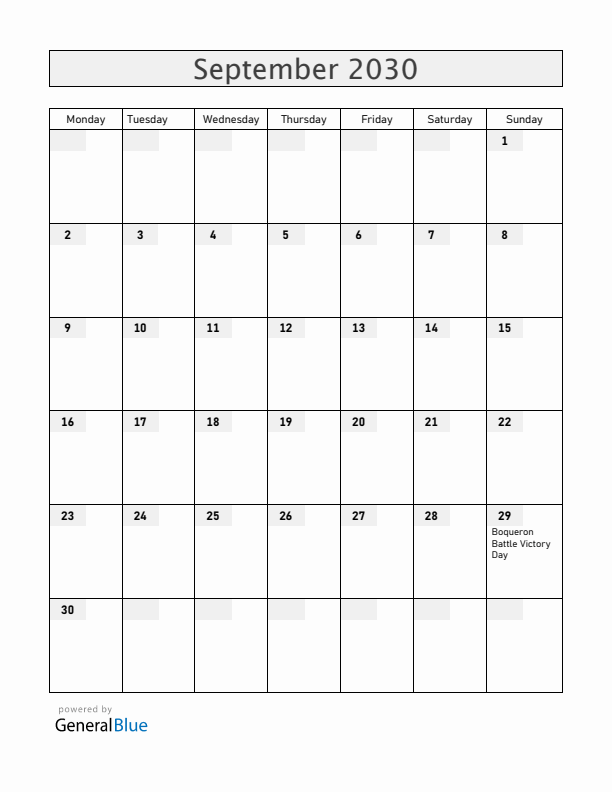 Paraguay September 2030 Calendar with Holidays