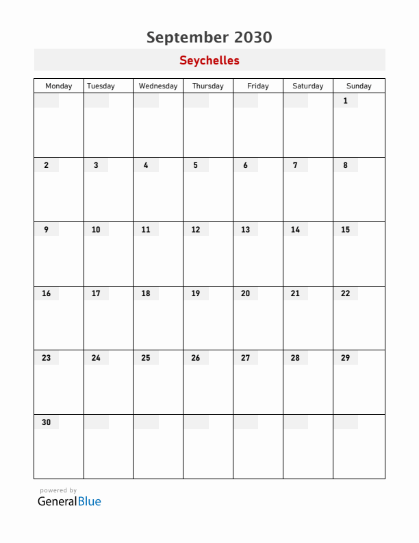 Seychelles September 2030 Calendar with Holidays