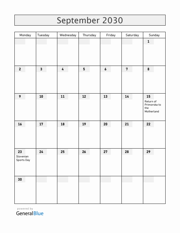 Slovenia September 2030 Calendar with Holidays
