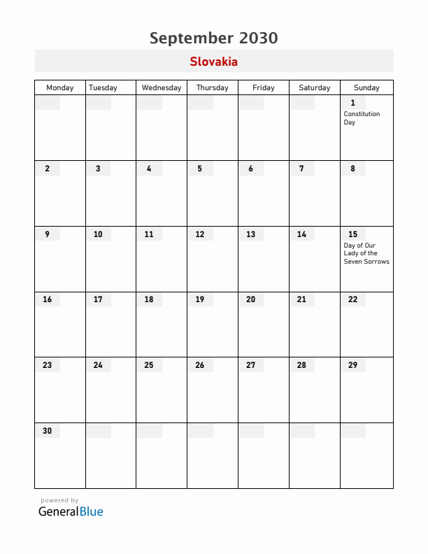 Slovakia September 2030 Calendar with Holidays