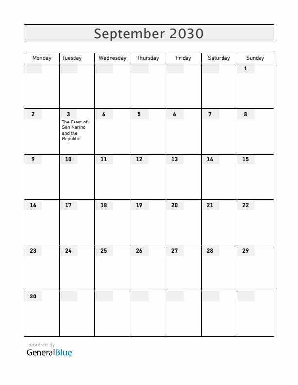 San Marino September 2030 Calendar with Holidays