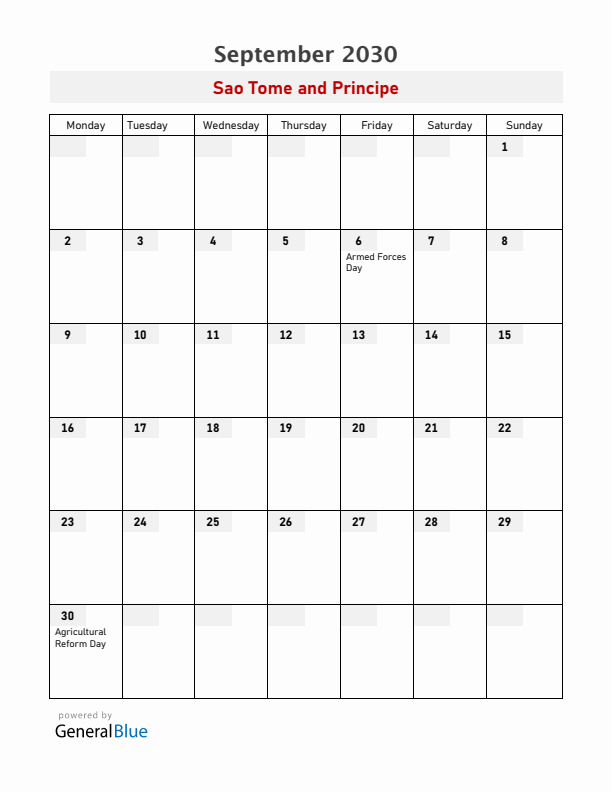 Sao Tome and Principe September 2030 Calendar with Holidays