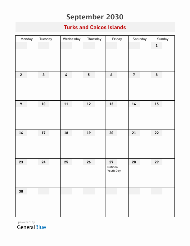 Turks and Caicos Islands September 2030 Calendar with Holidays