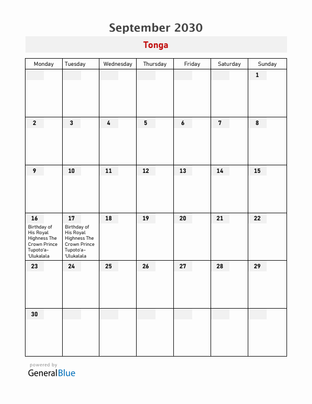Tonga September 2030 Calendar with Holidays