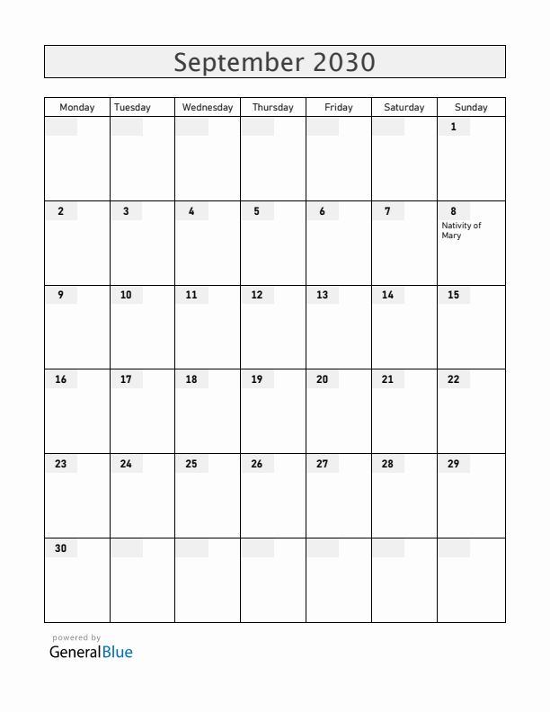 Vatican September 2030 Calendar with Holidays