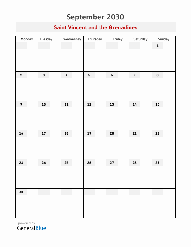 Saint Vincent and the Grenadines September 2030 Calendar with Holidays