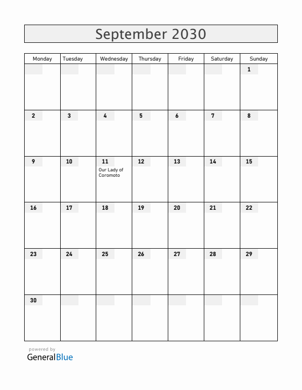 Venezuela September 2030 Calendar with Holidays