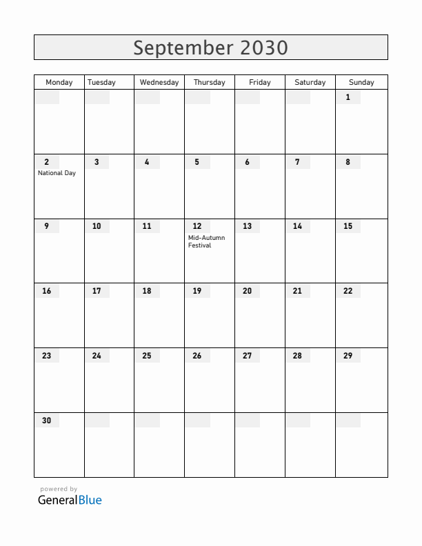 Vietnam September 2030 Calendar with Holidays