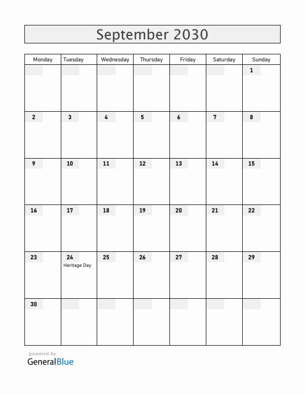 South Africa September 2030 Calendar with Holidays