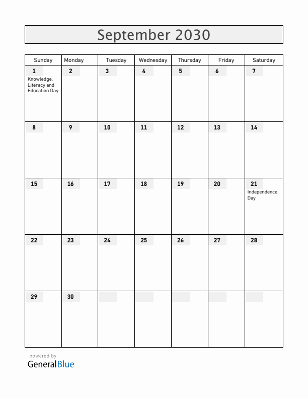 Armenia September 2030 Calendar with Holidays