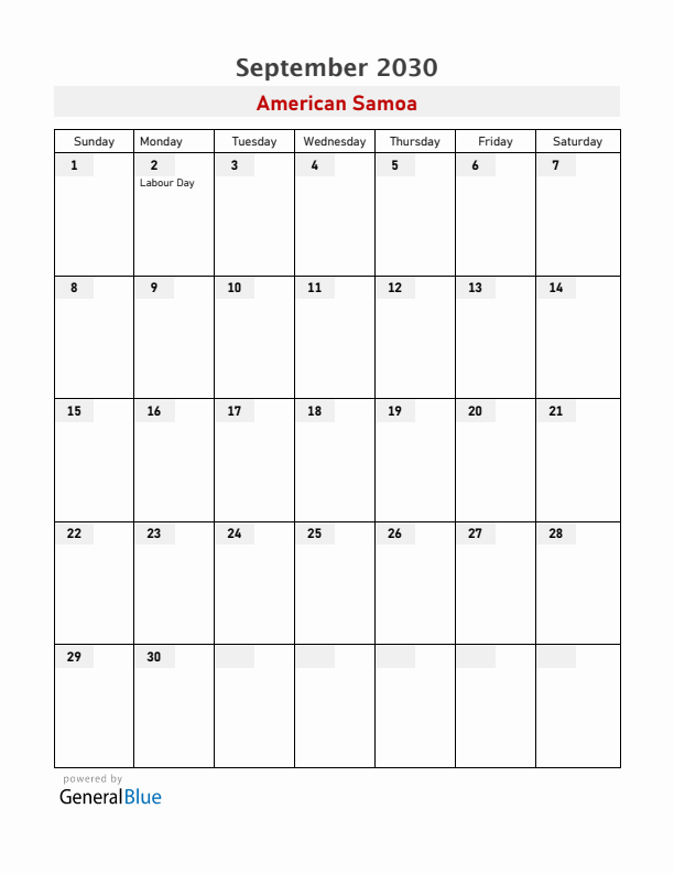 American Samoa September 2030 Calendar with Holidays