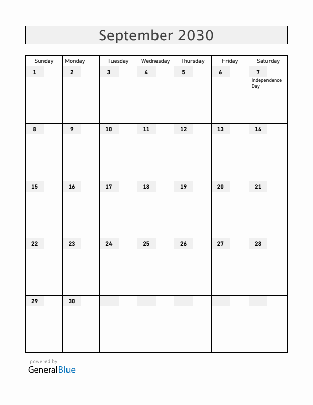 Brazil September 2030 Calendar with Holidays