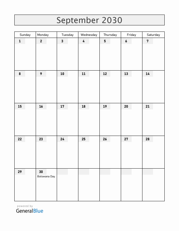 Botswana September 2030 Calendar with Holidays