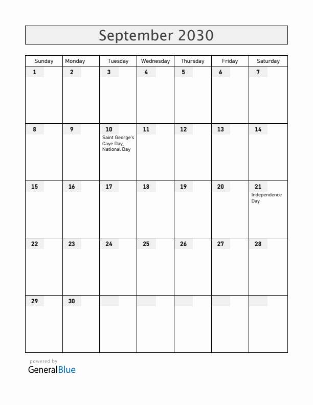 Belize September 2030 Calendar with Holidays