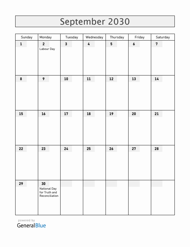 Canada September 2030 Calendar with Holidays