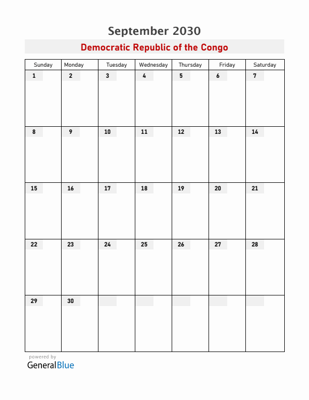 Democratic Republic of the Congo September 2030 Calendar with Holidays
