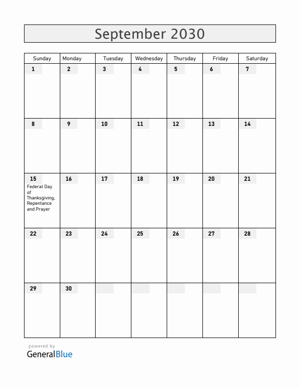 Switzerland September 2030 Calendar with Holidays