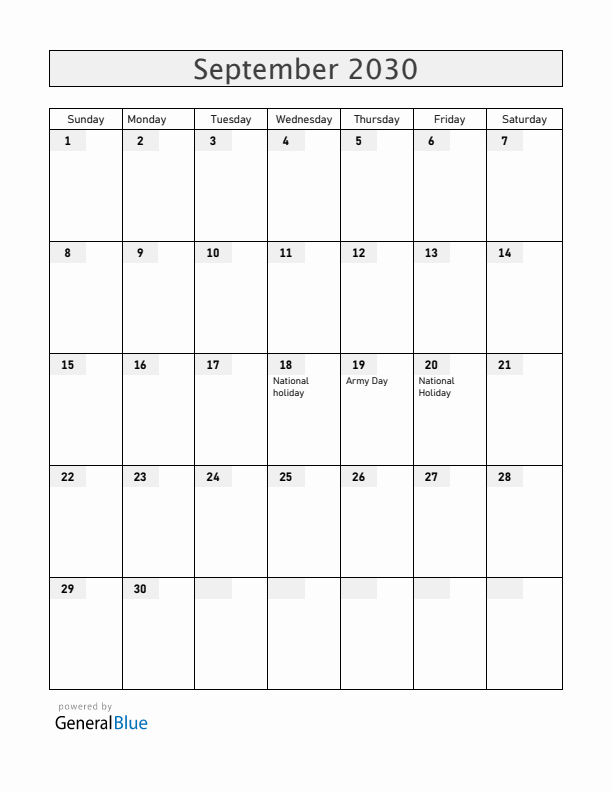 Chile September 2030 Calendar with Holidays