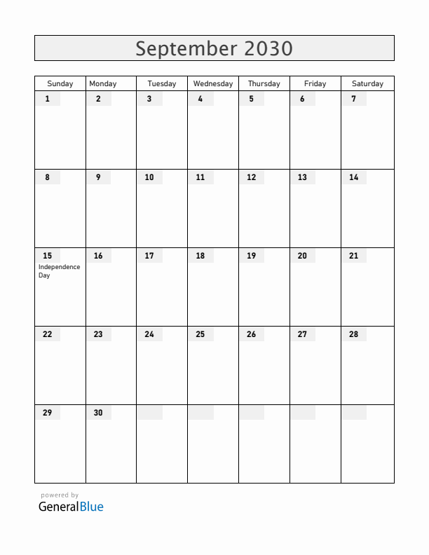 Costa Rica September 2030 Calendar with Holidays