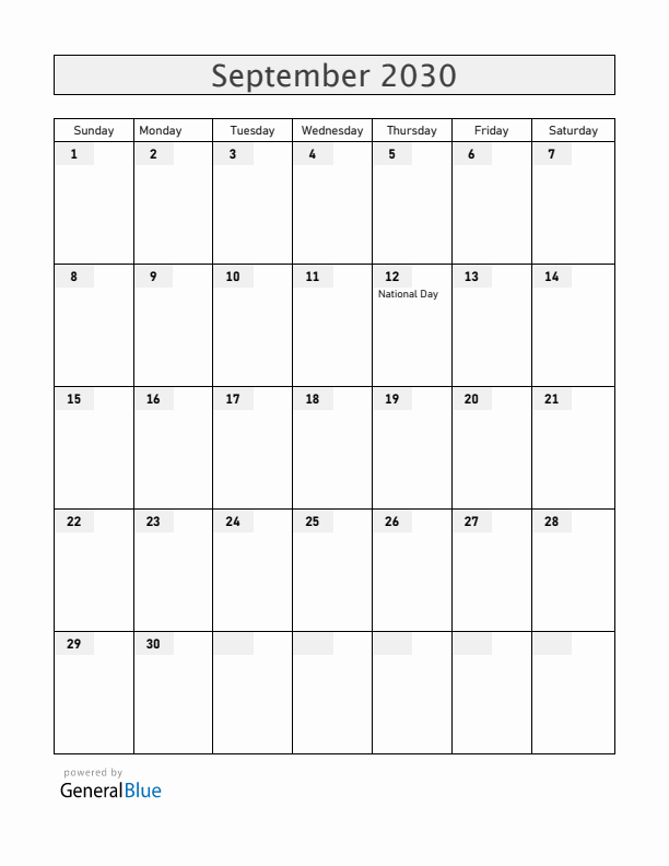 Cabo Verde September 2030 Calendar with Holidays